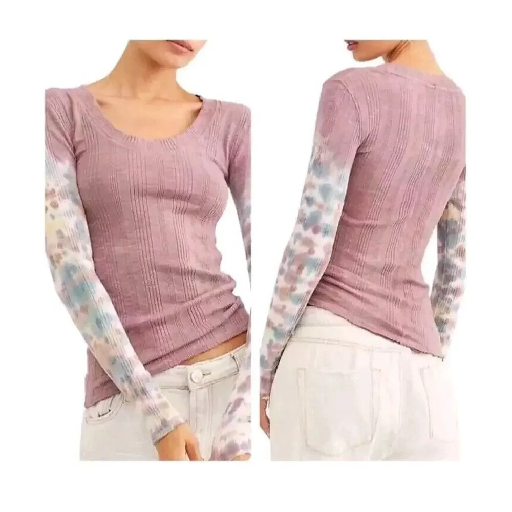 Free People Big Sur Long-Sleeve T-Shirt‎ in Misty Mountain Sz S Tie Dye New